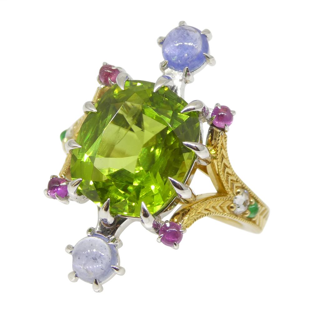 Cushion Cut 7.73ct Peridot, Sapphire, Ruby & Diamond Cocktail Ring set in 14k Yellow and Whi For Sale