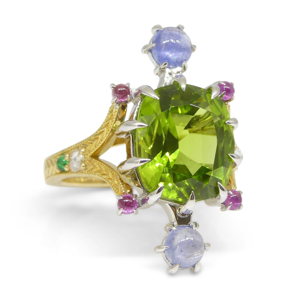 7.73ct Peridot, Sapphire, Ruby & Diamond Cocktail Ring set in 14k Yellow and Whi In New Condition For Sale In Toronto, Ontario