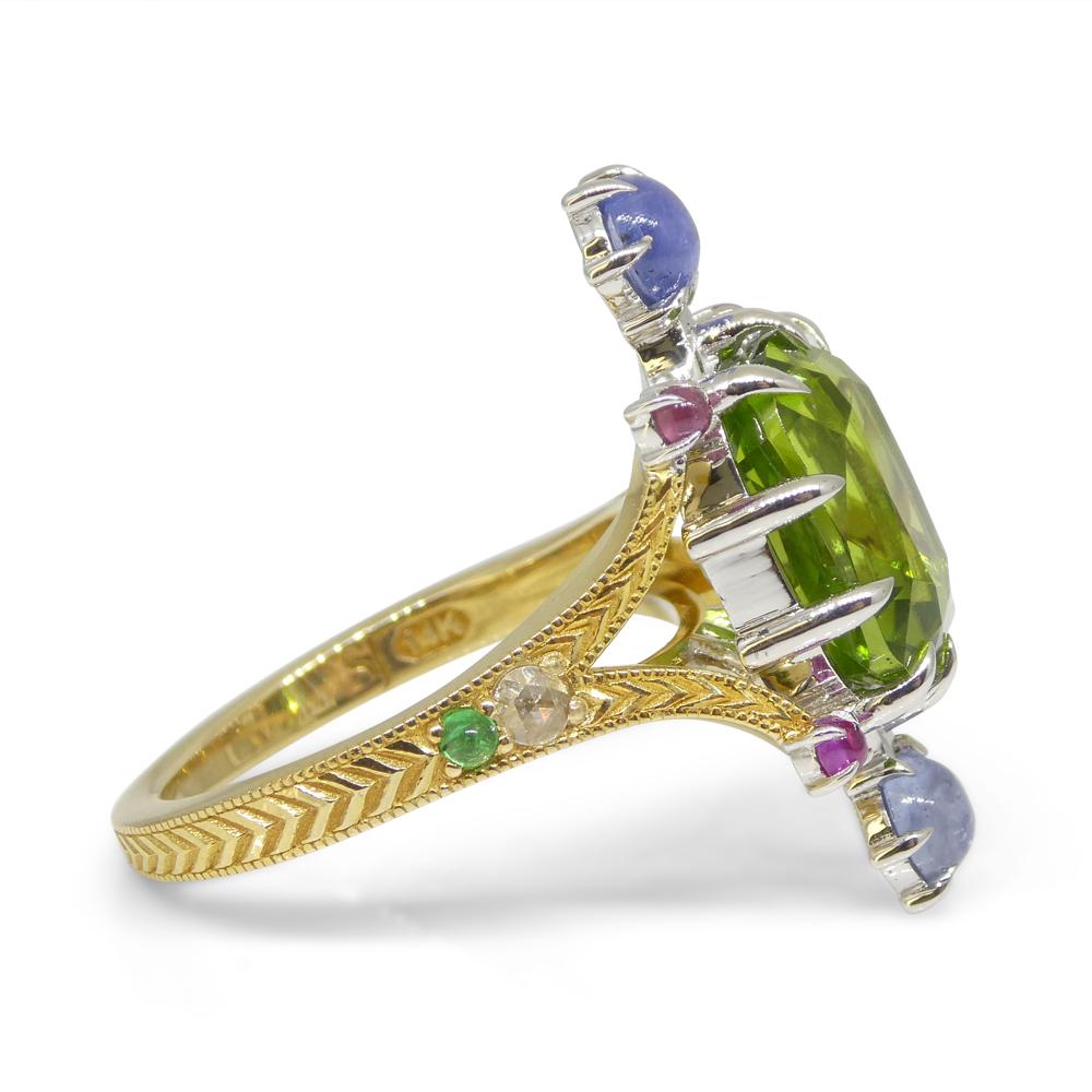 Women's or Men's 7.73ct Peridot, Sapphire, Ruby & Diamond Cocktail Ring set in 14k Yellow and Whi For Sale