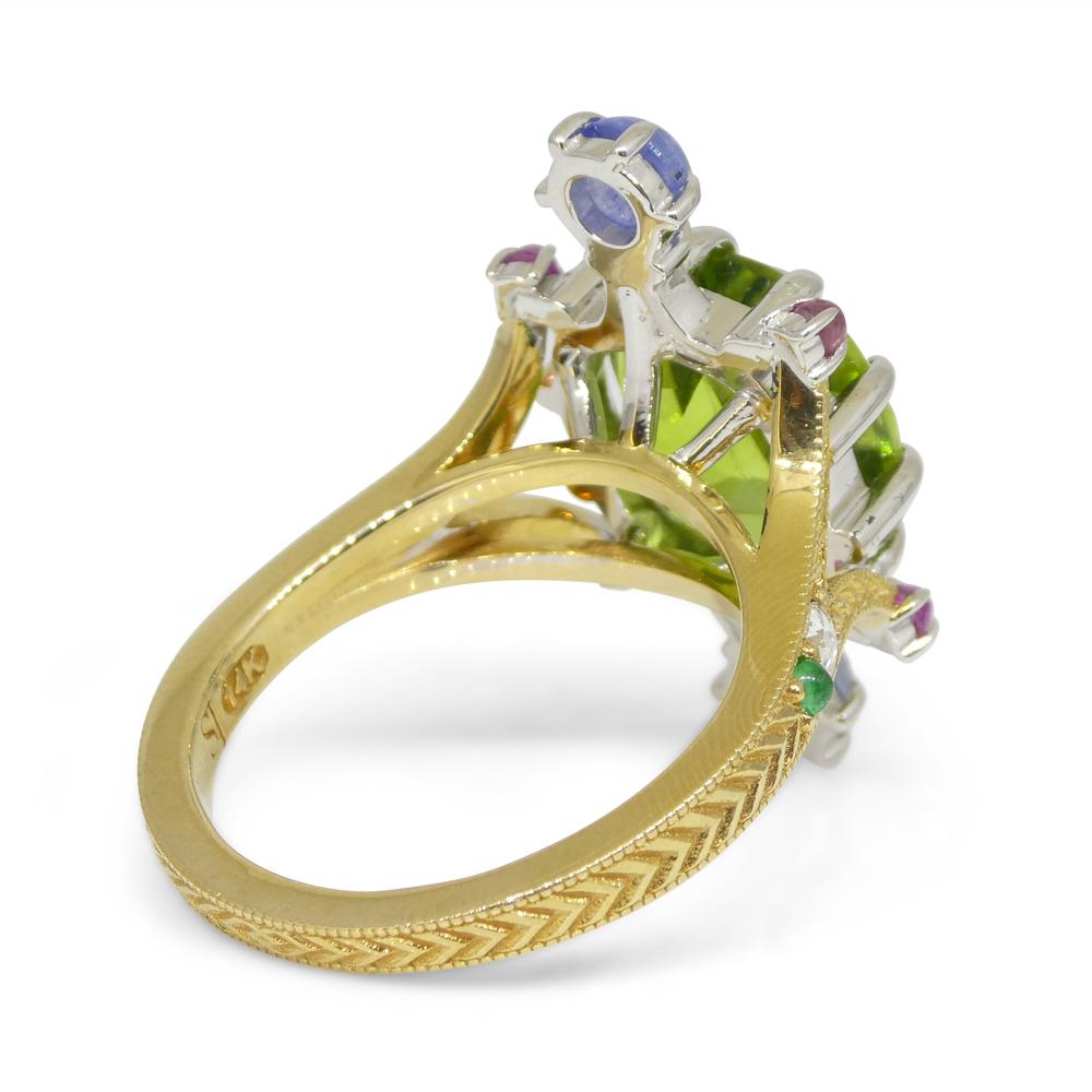 7.73ct Peridot, Sapphire, Ruby & Diamond Cocktail Ring set in 14k Yellow and Whi For Sale 1