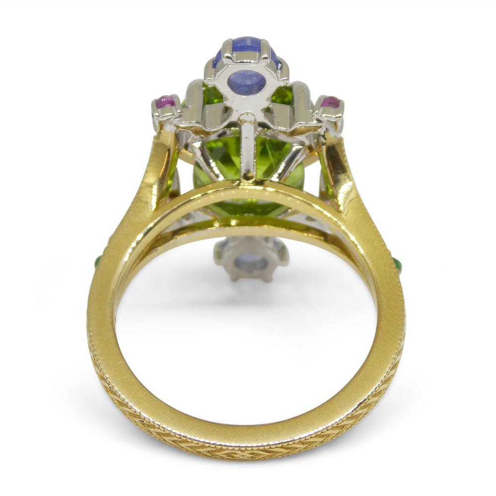 7.73ct Peridot, Sapphire, Ruby & Diamond Cocktail Ring set in 14k Yellow and Whi For Sale 2