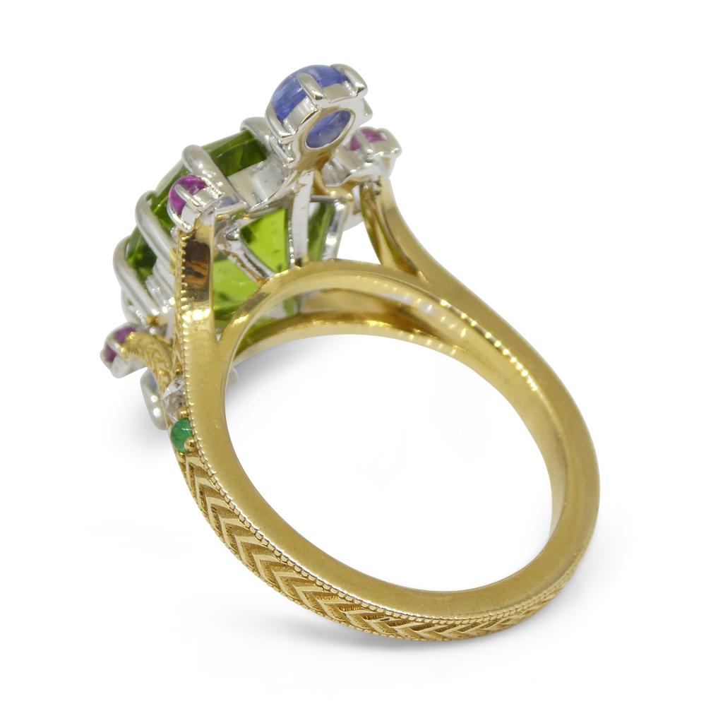 7.73ct Peridot, Sapphire, Ruby & Diamond Cocktail Ring set in 14k Yellow and Whi For Sale 3