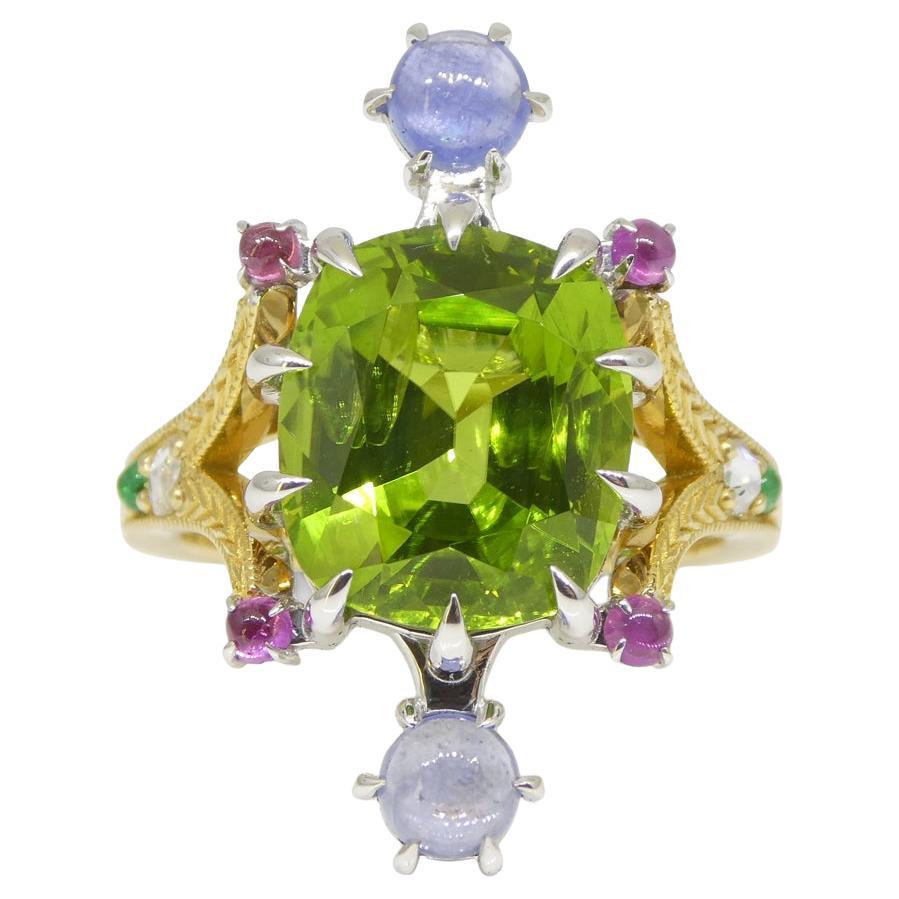 7.73ct Peridot, Sapphire, Ruby & Diamond Cocktail Ring set in 14k Yellow and Whi For Sale