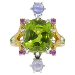 7.73ct Peridot, Sapphire, Ruby & Diamond Cocktail Ring set in 14k Yellow and Whi
