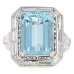 7.74 Carat Aquamarine and Diamond Art Deco Ring, 900 Platinum Vintage Halo