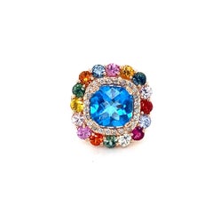 Natural Cushion Cut 7.74 Ct. Blue Topaz Sapphire Diamond Rose Gold Cocktail Ring