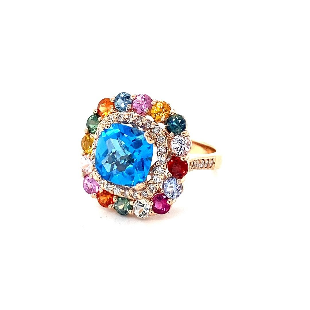 Contemporary 7.74 Carat Cushion Cut Blue Topaz Sapphire Diamond Rose Gold Cocktail Ring For Sale