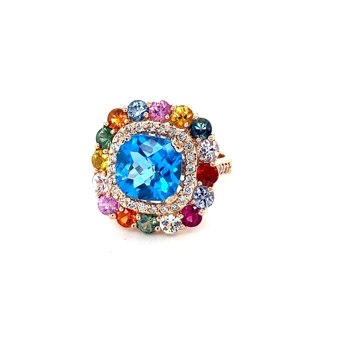 7.74 Carat Cushion Cut Blue Topaz Sapphire Diamond Rose Gold Cocktail Ring In New Condition For Sale In Los Angeles, CA