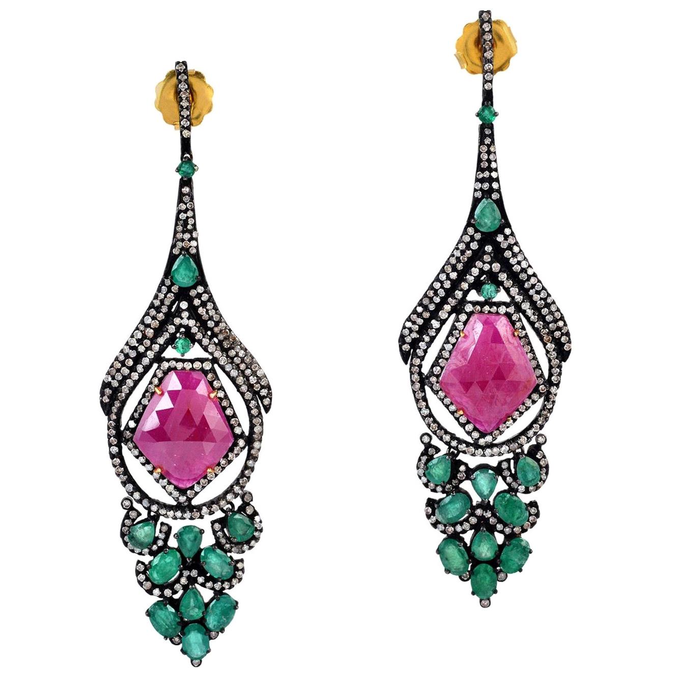7.74 Carat Emerald Ruby Diamond Earrings For Sale