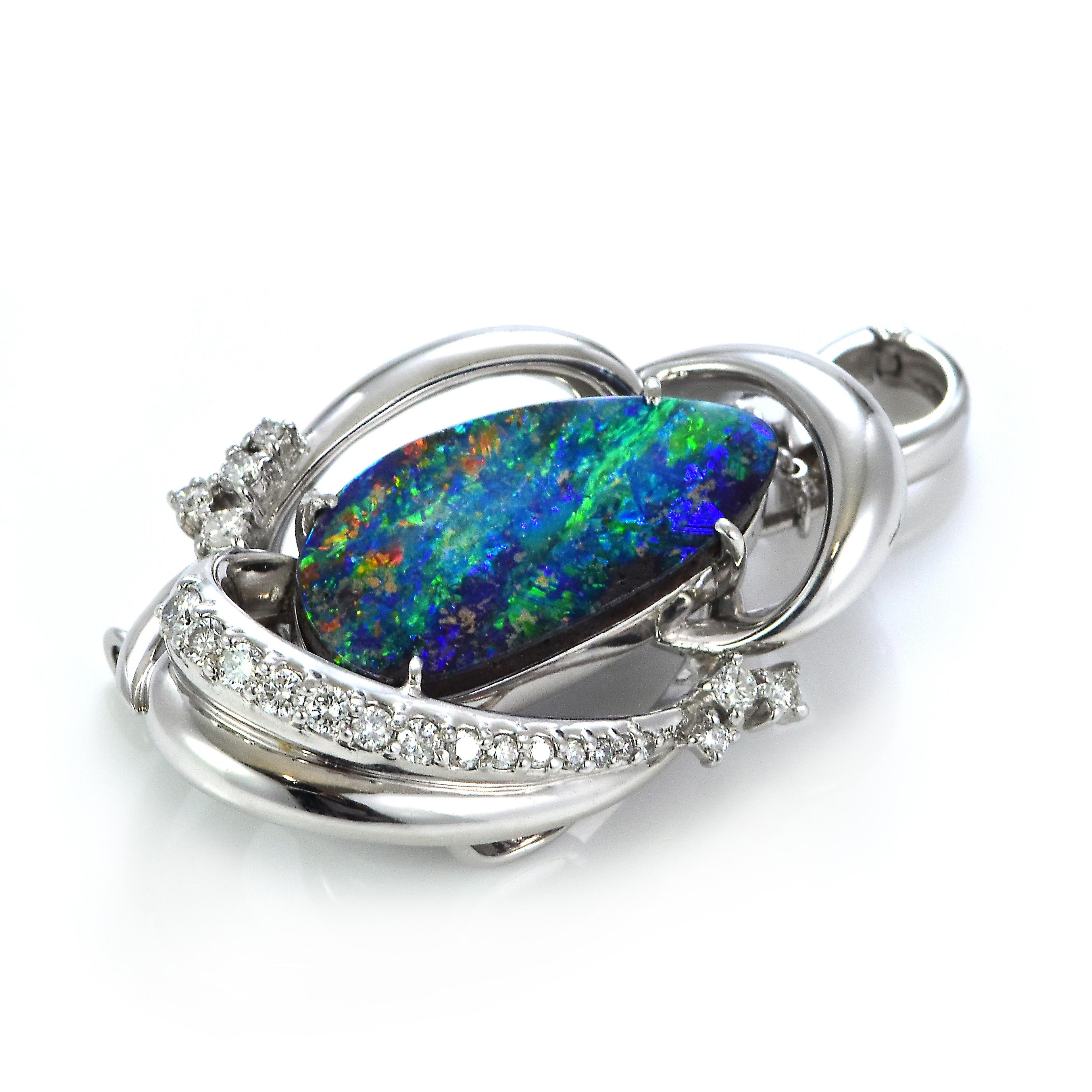 Cabochon 7.74 Carat Natural Australian Boulder Opal Pendant/Brooch Made in Platinum For Sale