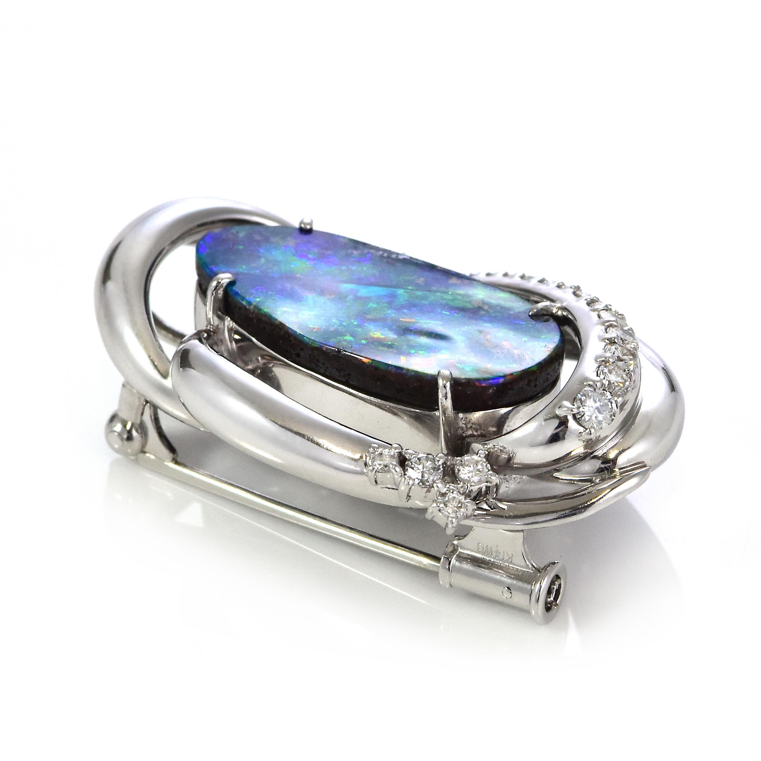 7.74 Carat Natural Australian Boulder Opal Pendant/Brooch Made in Platinum In Excellent Condition For Sale In Tokyo, JP