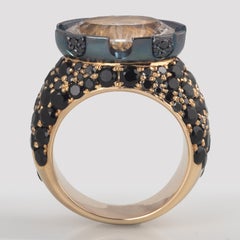 7.74 Carat Oval White Quartz Black Diamond and Spinel Gold and Silver Men's Ring