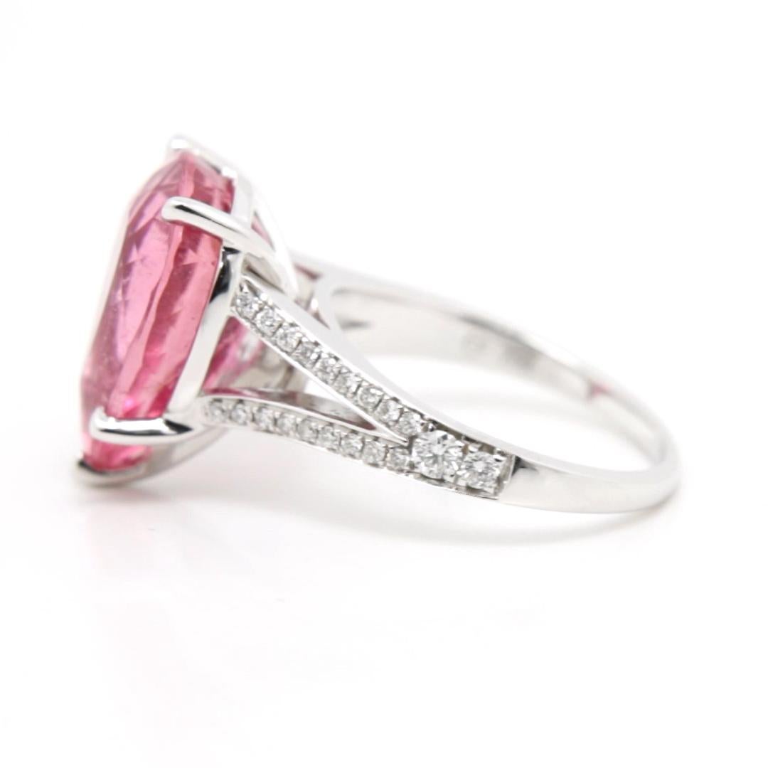 Modern 7.74 Carat Pink Tourmaline Split Shank Diamond Ring in 18K White Gold For Sale