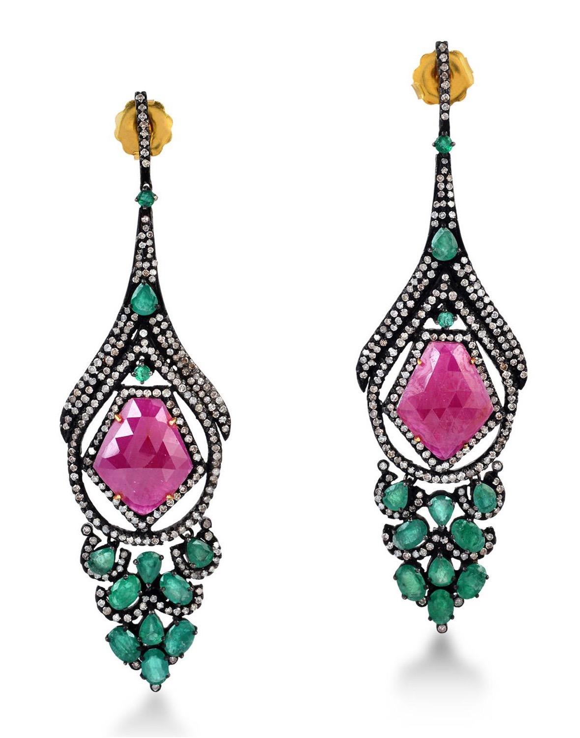 Mixed Cut 7.74 Carat Emerald Ruby Diamond Earrings For Sale