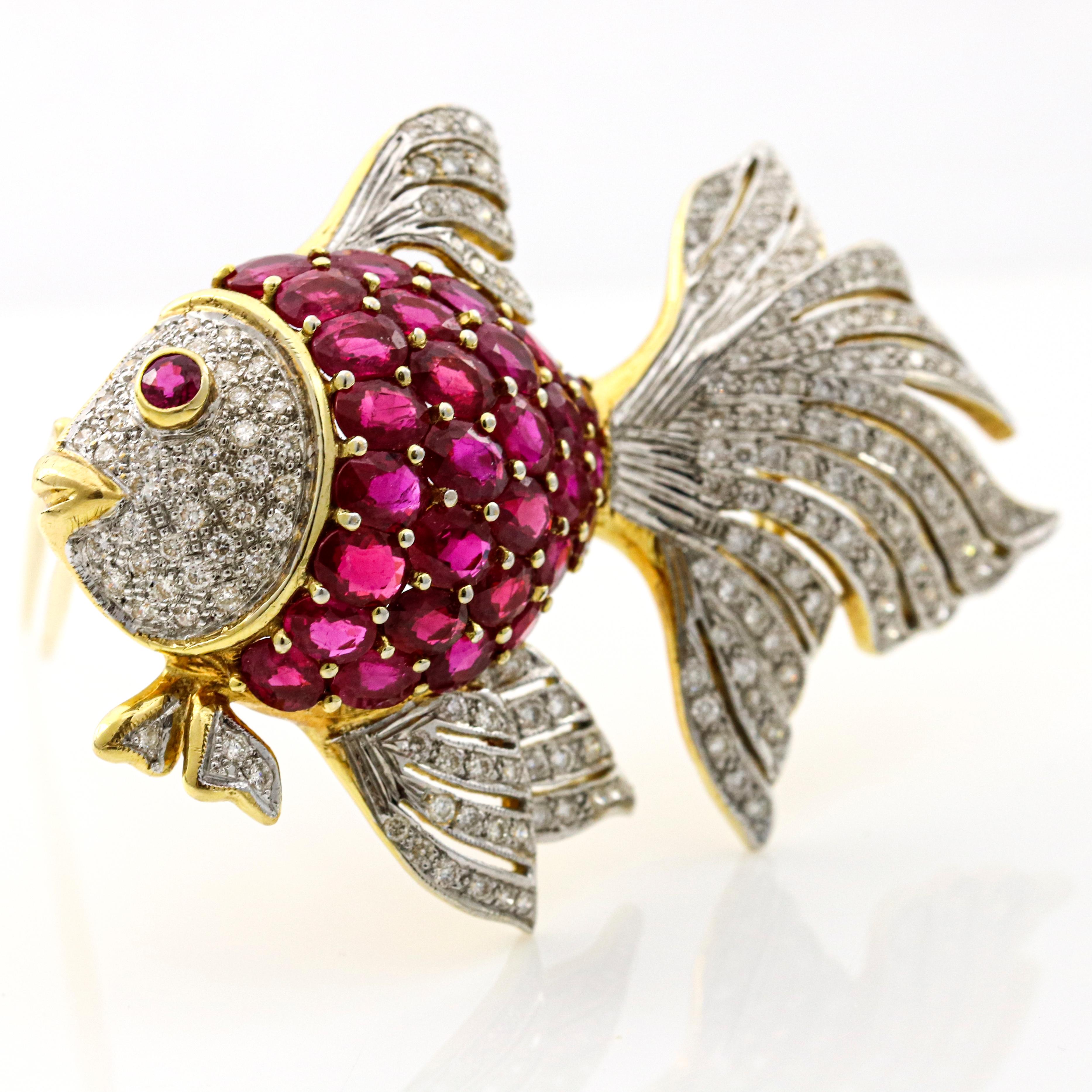 Oval Cut 7.75 Carat 18 Karat Gold Ruby Diamond Fish Brooch For Sale