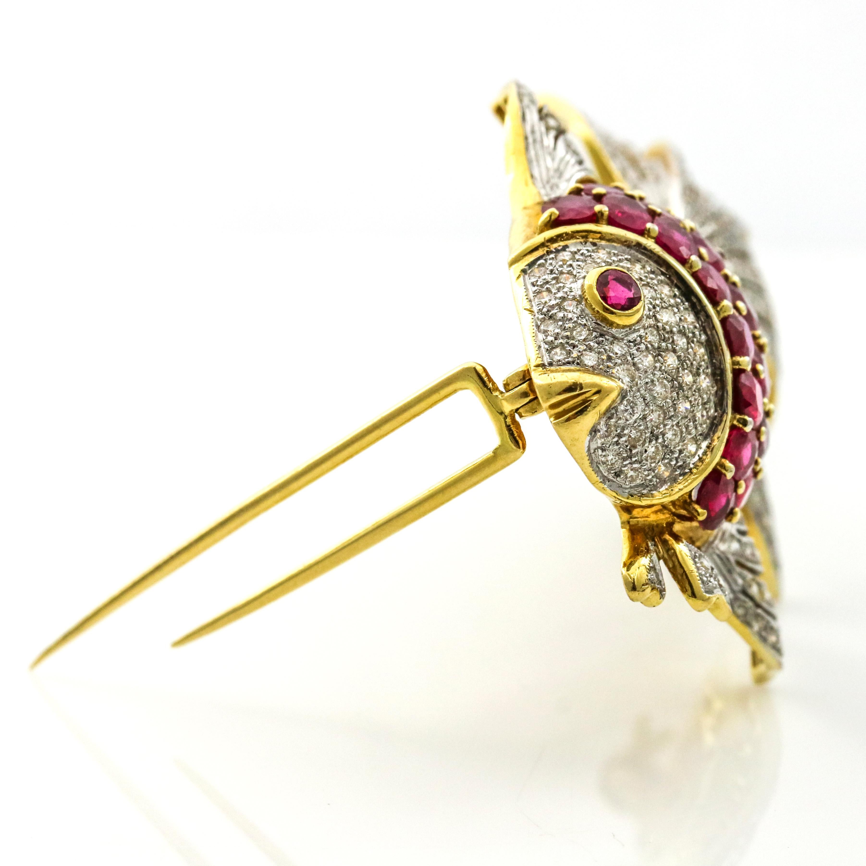 Women's or Men's 7.75 Carat 18 Karat Gold Ruby Diamond Fish Brooch For Sale