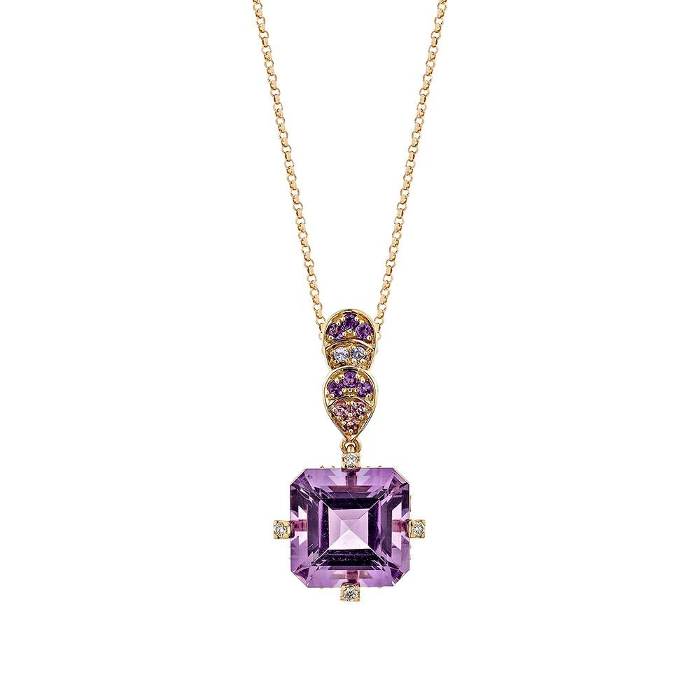 Contemporary 7.75 Carat Amethyst Pendant in 18KRG with Multi Gemstone and White Diamond. For Sale