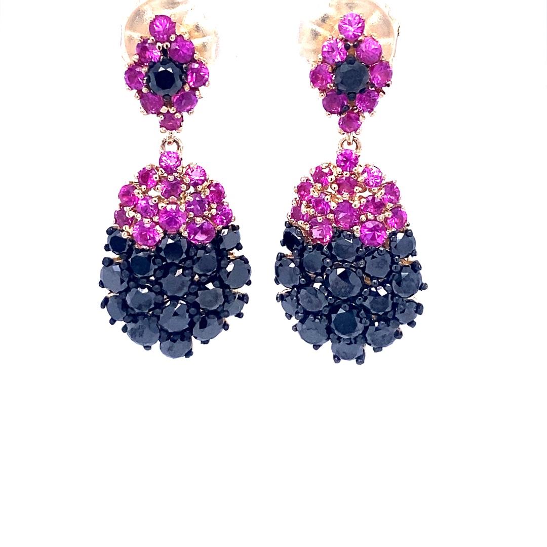 7.75 Carat Black Diamond Pink Sapphire 14K Yellow Gold Drop Earrings In New Condition In Los Angeles, CA