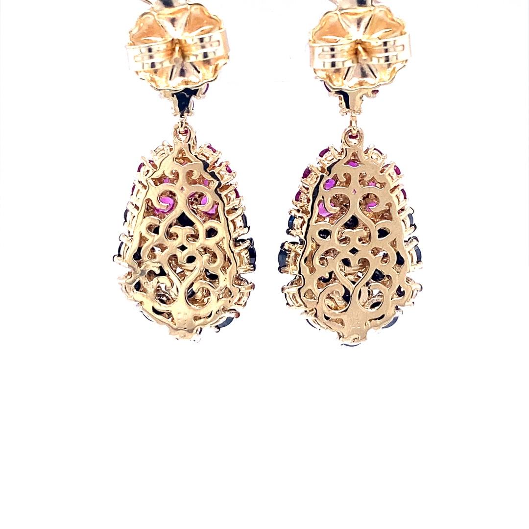 Women's 7.75 Carat Black Diamond Pink Sapphire 14K Yellow Gold Drop Earrings