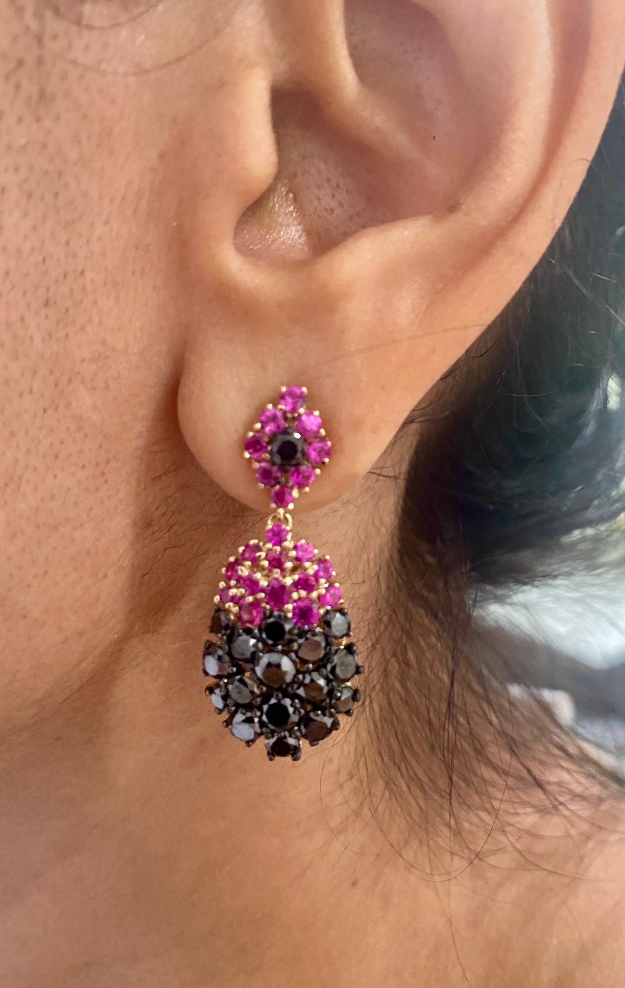 7.75 Carat Black Diamond Pink Sapphire 14K Yellow Gold Drop Earrings 1
