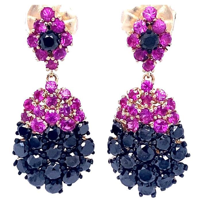 7.75 Carat Black Diamond Pink Sapphire 14K Yellow Gold Drop Earrings
