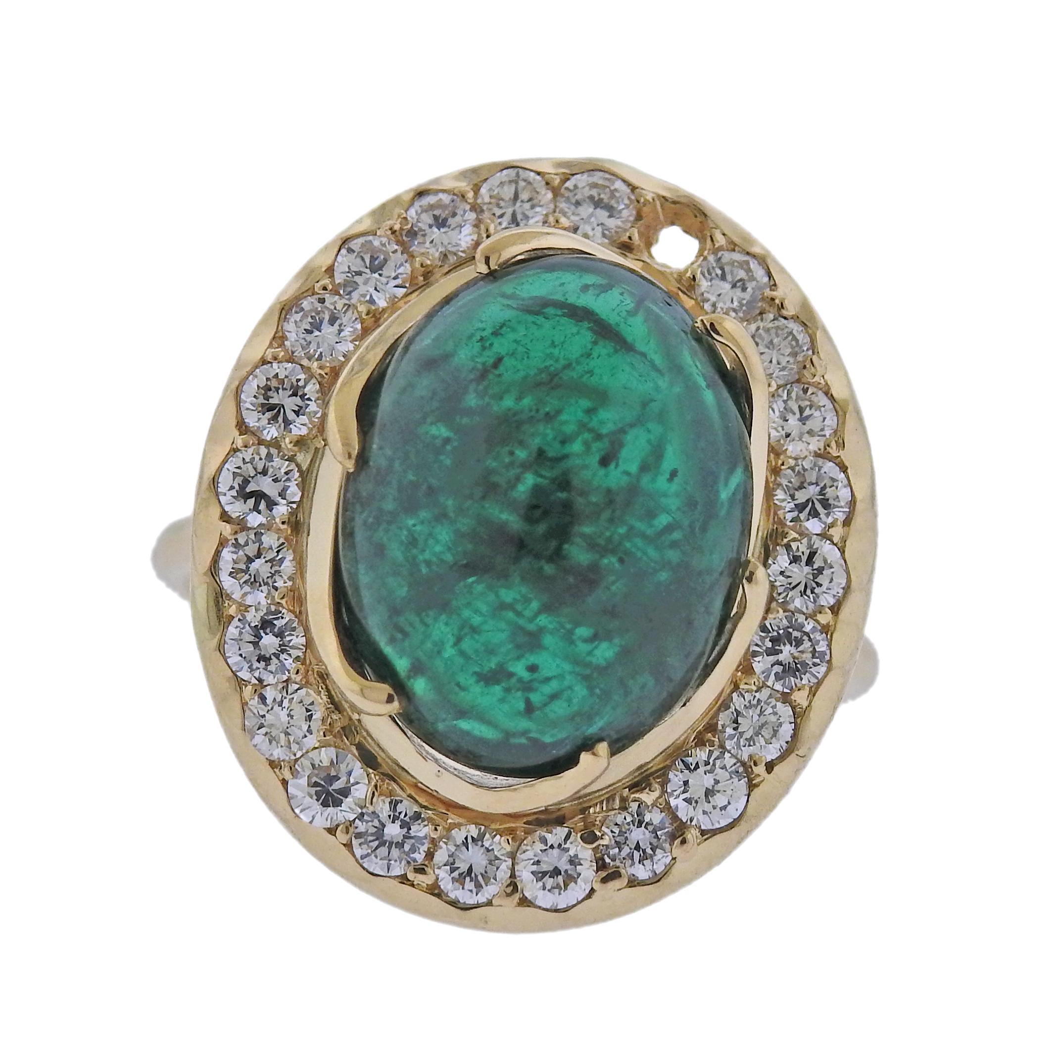 7,75 Karat Smaragd-Cabochon-Diamant-Goldring Damen im Angebot