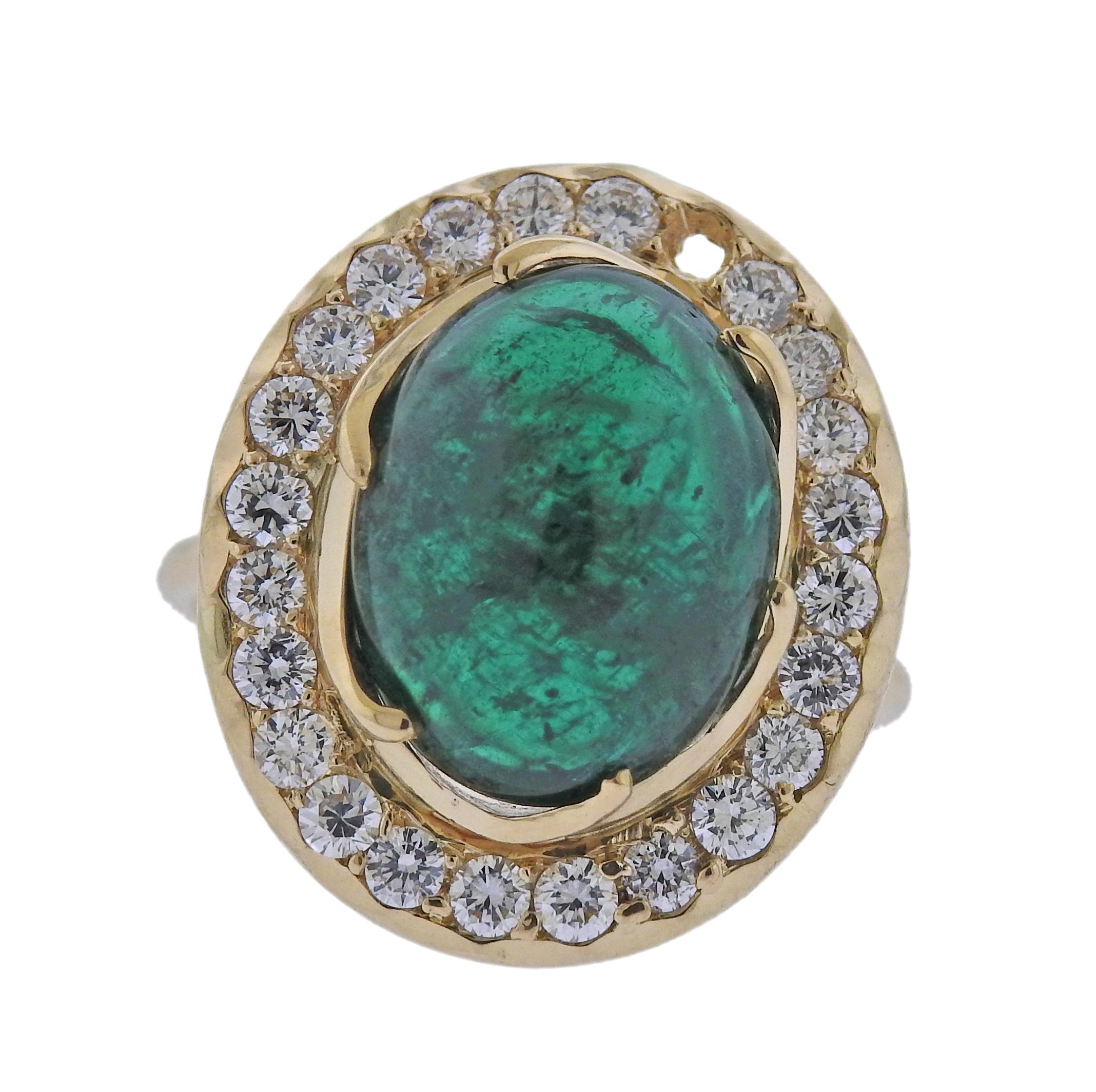 Women's 7.75 Carat Emerald Cabochon Diamond Gold Ring For Sale