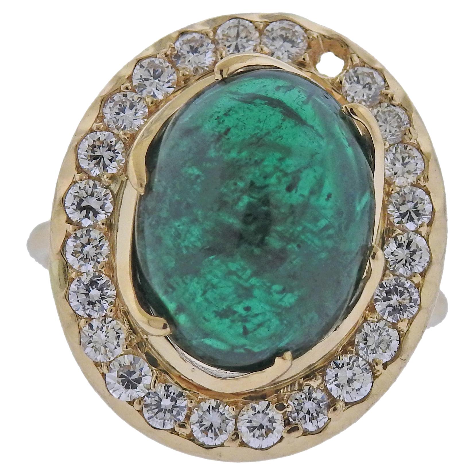 7.75 Carat Emerald Cabochon Diamond Gold Ring For Sale