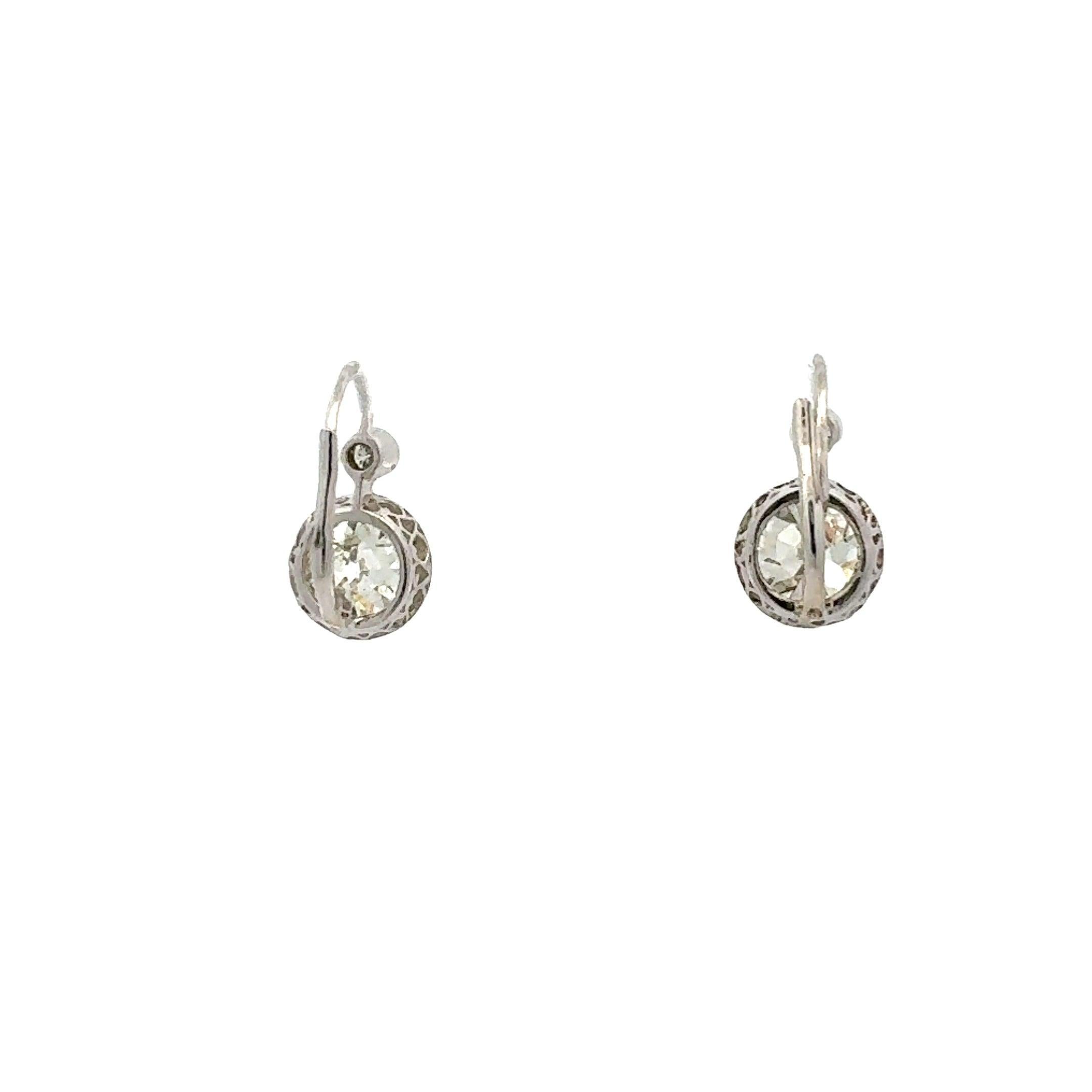 7.75 Carat Old European Cut M VS1 Diamond 14 Karat White Gold Leverback Earrings For Sale 2