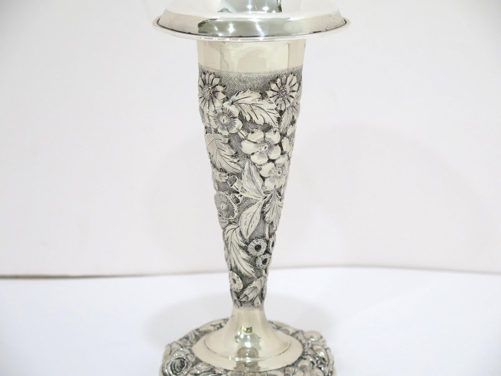 American 7.75 in - Sterling Silver Jenkins & Jenkins Antique Floral Repousse Vase For Sale