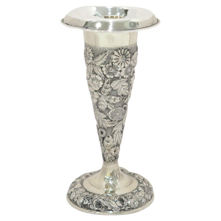 7.75 in - Sterling Silver Jenkins & Jenkins Antique Floral Repousse Vase For Sale