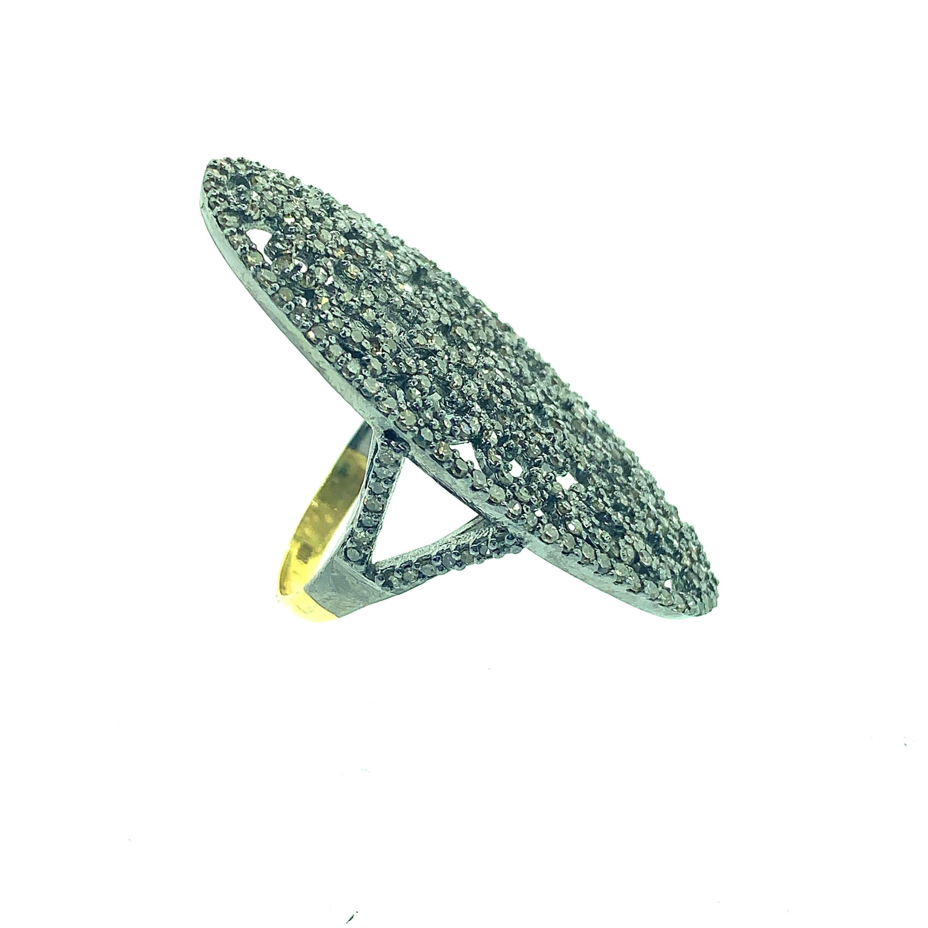 7.75 Size 2.40 ct Champagne Diamond Ring set in Oxidized Sterling Silver with half shank in pure 18K Gold. This ring is 1.75 Inch Long and looks perfect   as a cocktail ring. The diamonds are champagne color but they have nice sparkle to