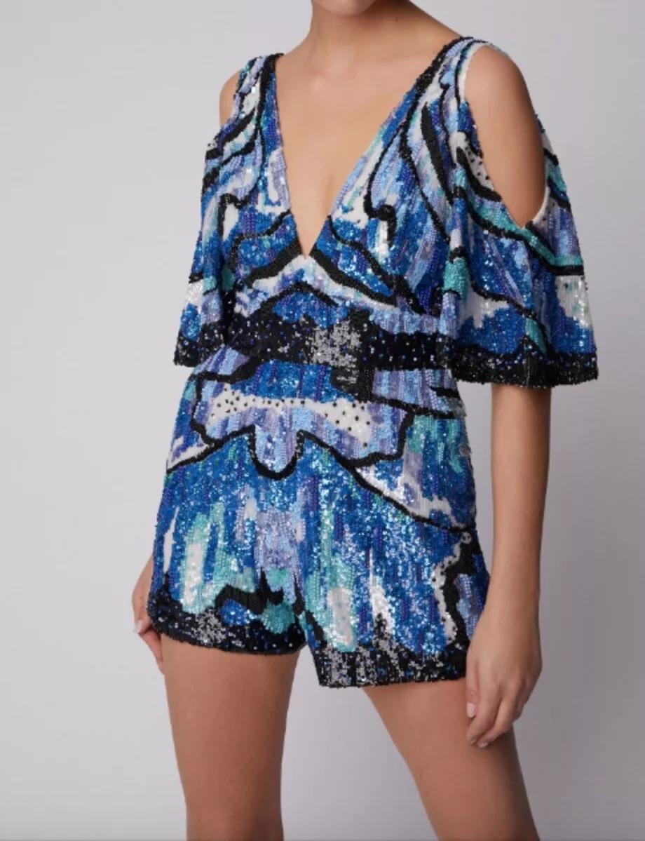 Viola $7750 Zuhair Murad Resort 2019 Romper blu nero impreziosito da paillettes e farfalle in vendita