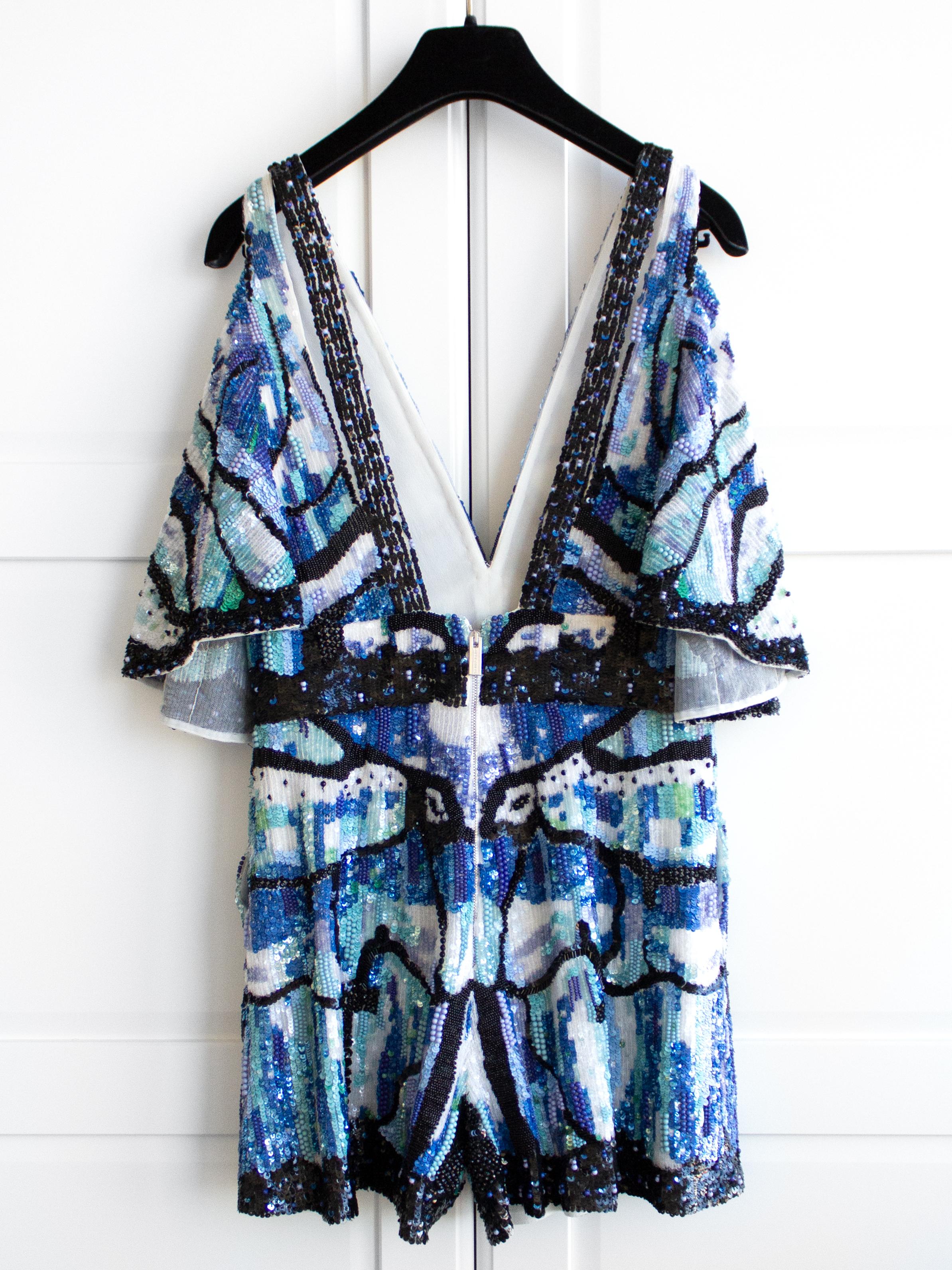 $7750 Zuhair Murad Resort 2019 Blue Black Sequin Embellished Butterfly Romper In Excellent Condition For Sale In Jersey City, NJ