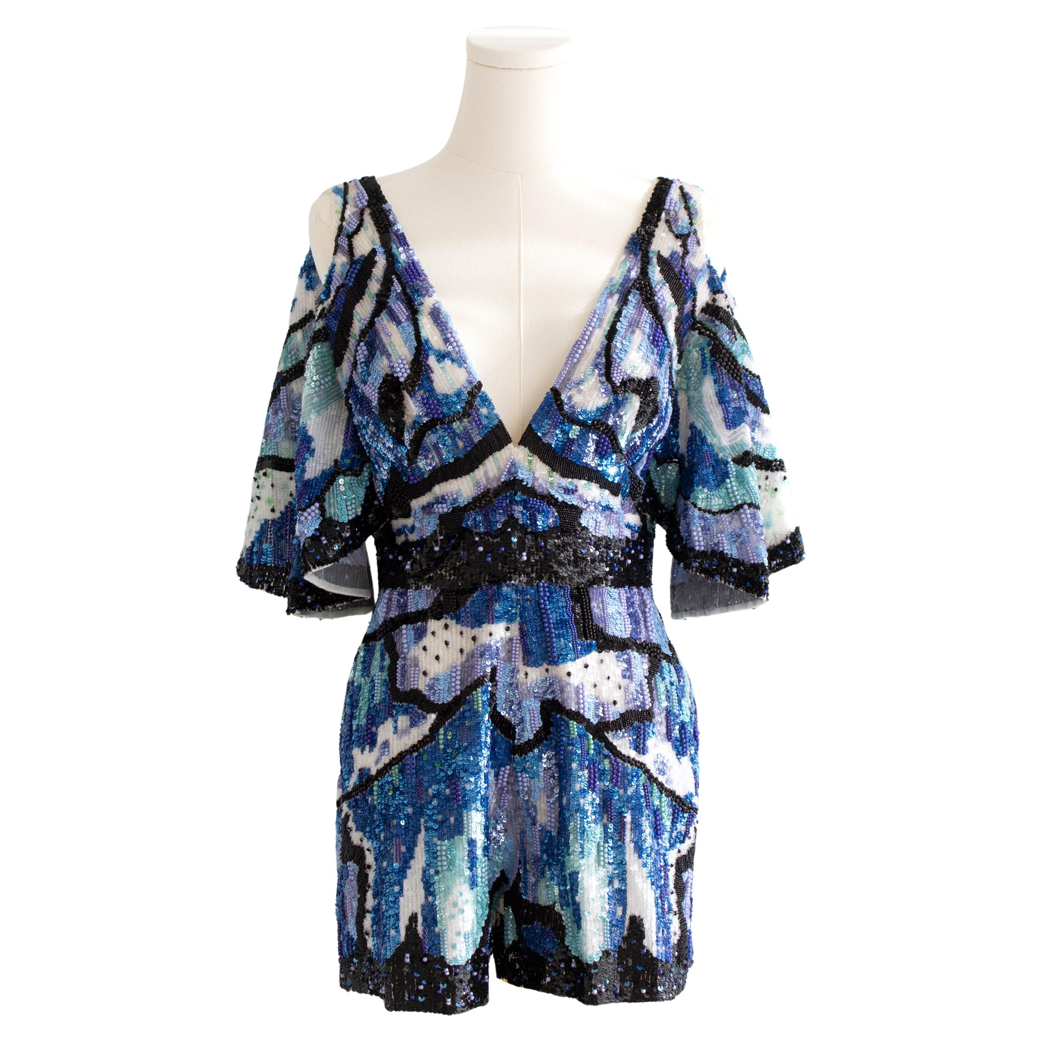 $7750 Zuhair Murad Resort 2019 Romper blu nero impreziosito da paillettes e farfalle in vendita