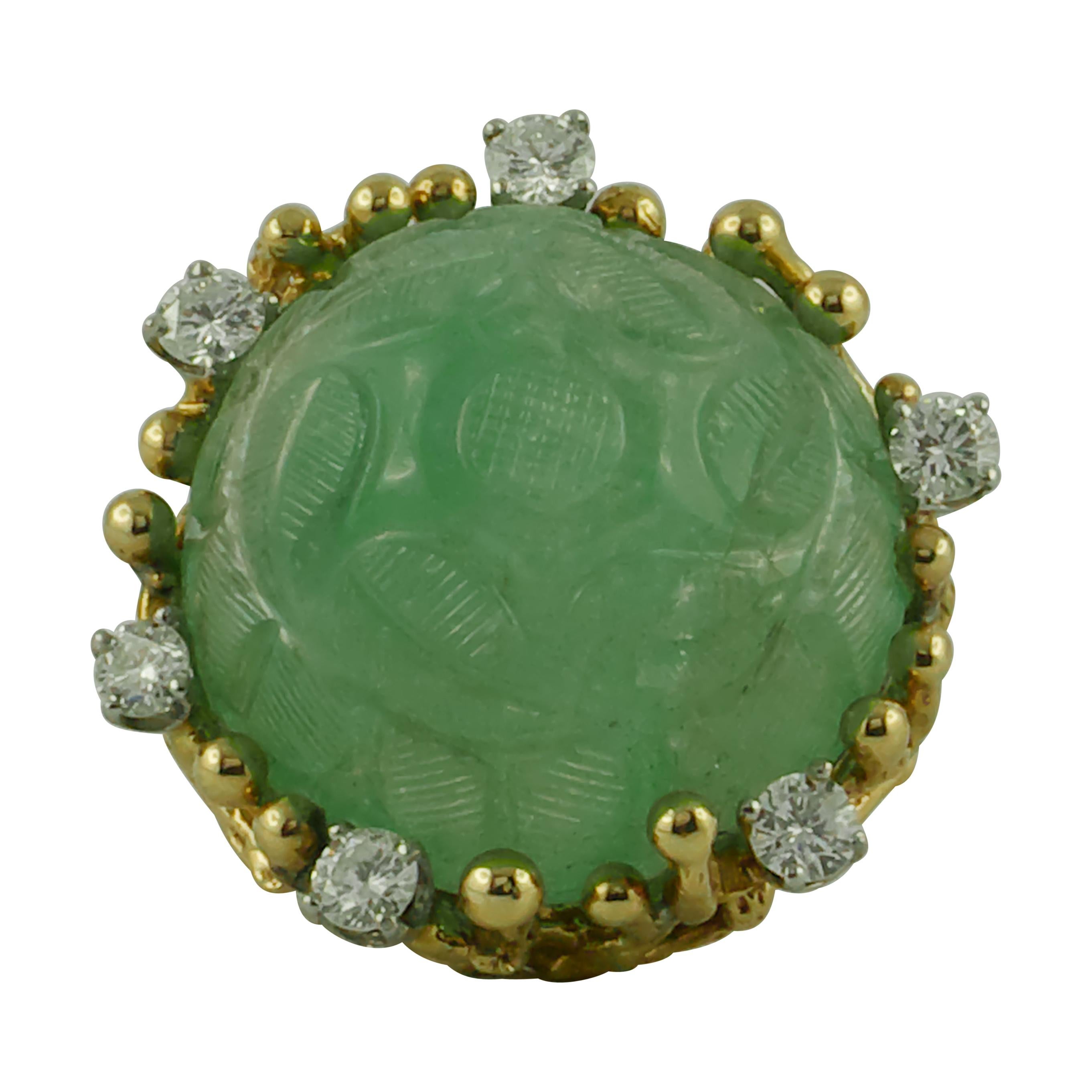 77.54 Carat Carved Emerald and Diamond 18 Karat Yellow Gold 1960s Ring