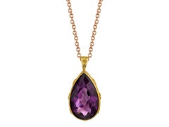 77.55 Carat Amethyst Pear, Blue Sapphire 18 Karat Gold Handmade Drop Pendant