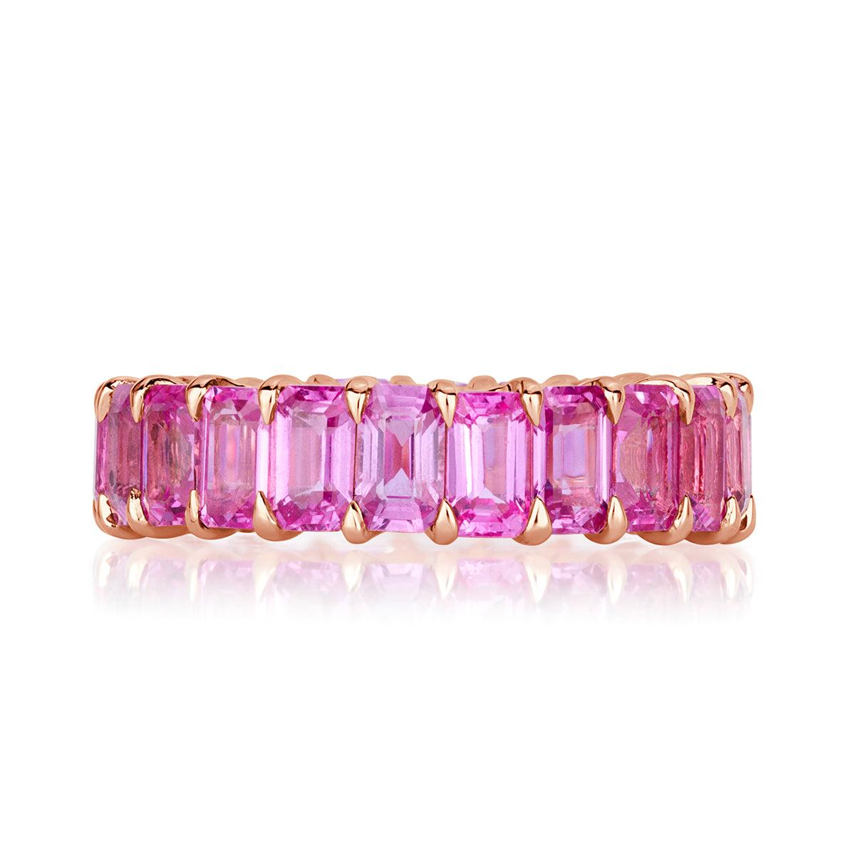7.75ct Emerald Cut Pink Sapphire Eternity Band in 18k Rose Gold For Sale