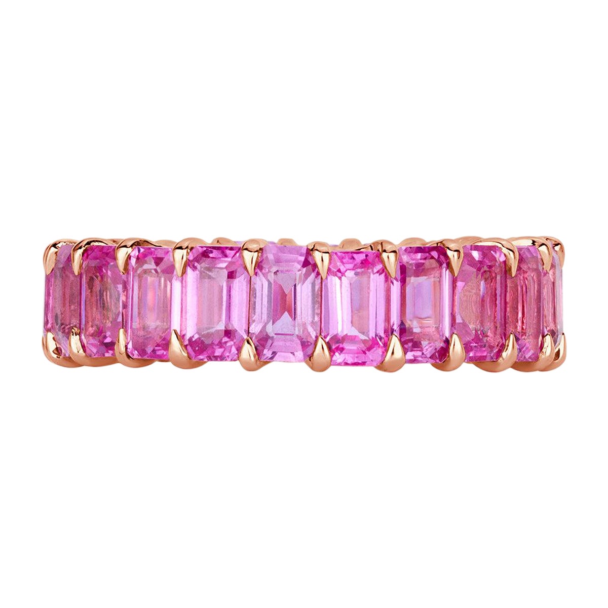 7.75ct Emerald Cut Pink Sapphire Eternity Band in 18k Rose Gold