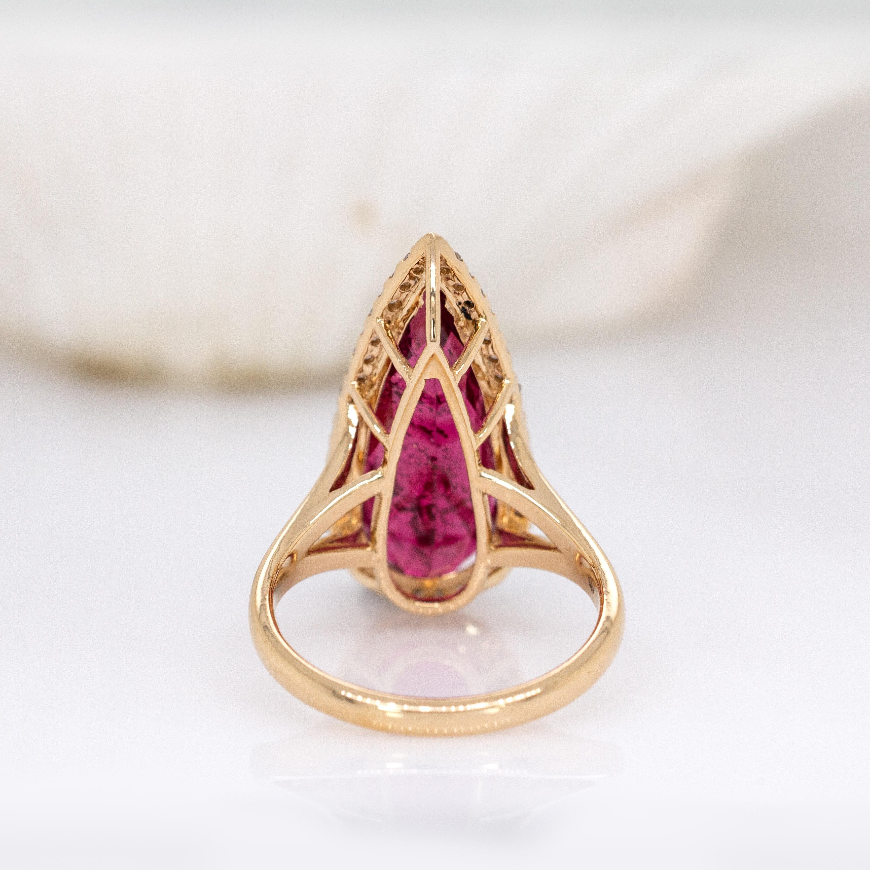 Women's 7.75cts Rubellite Tourmaline and Accented Diamond Ring in 14k Solid Yellow Gold For Sale