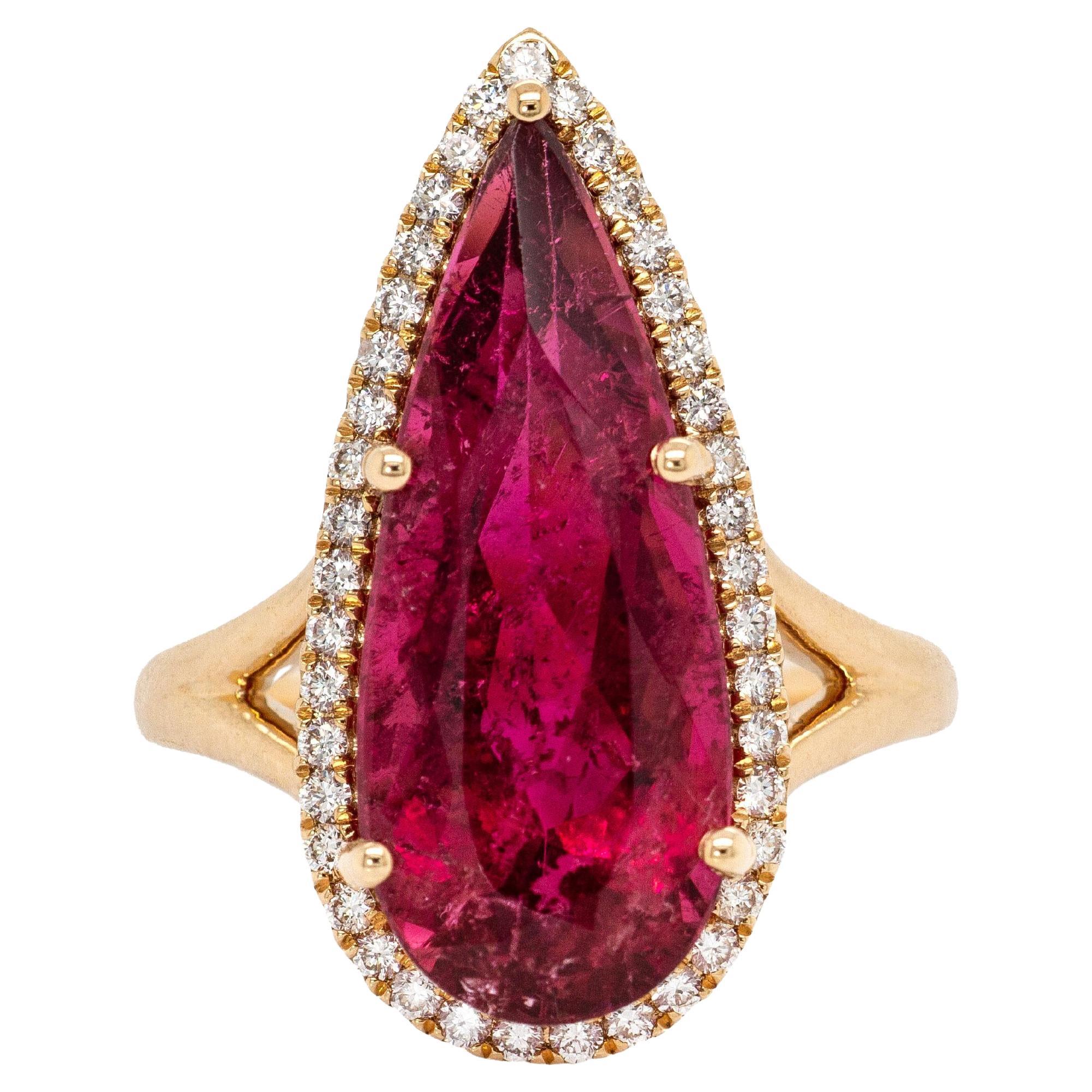 7.75cts Rubellite Tourmaline and Accented Diamond Ring in 14k Solid Yellow Gold For Sale
