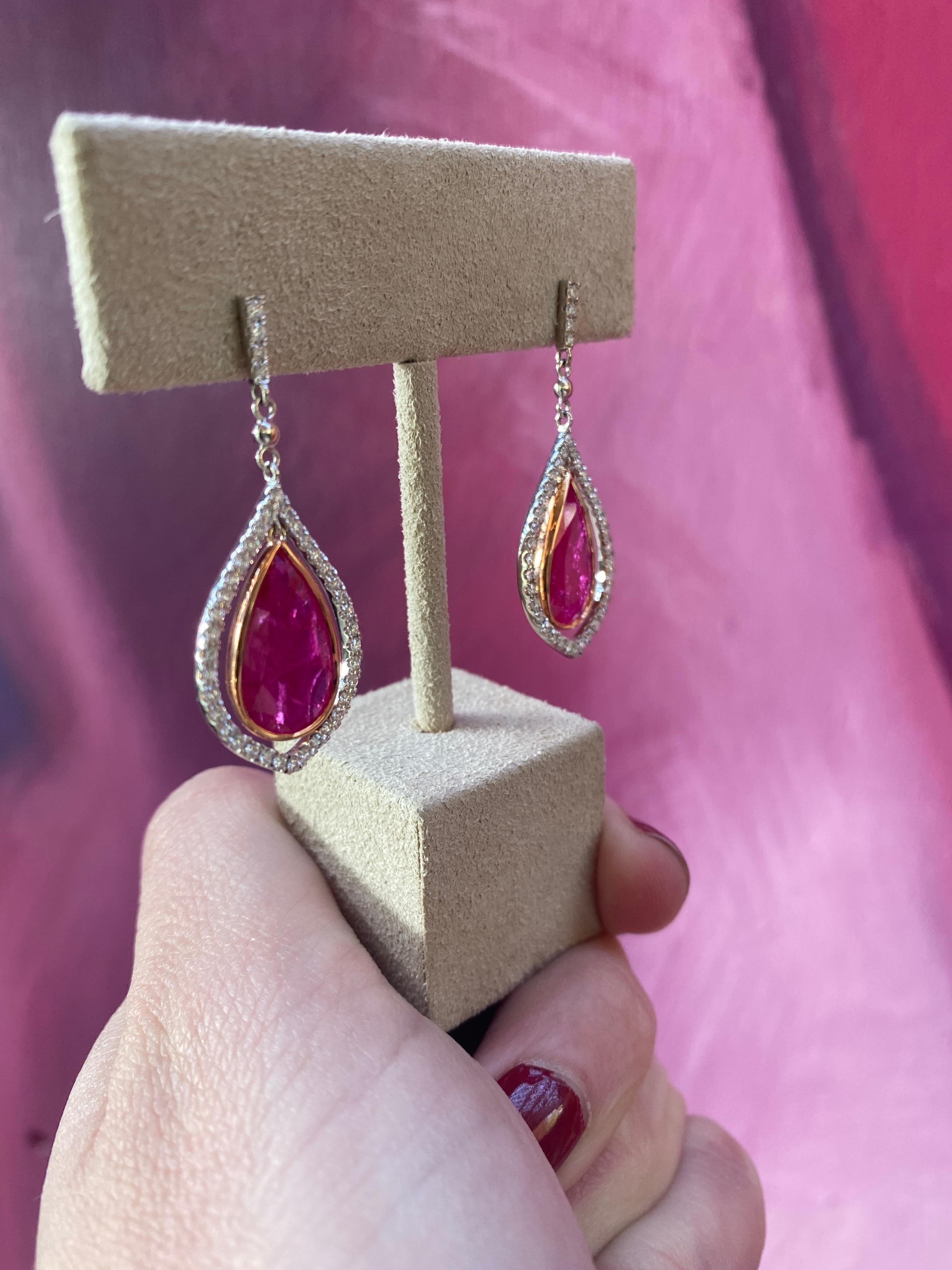 7.75ctw Pear Shaped Natural Rubies with 0.80ctw Diamonds, 14K Rose & White Gold In New Condition For Sale In Houston, TX