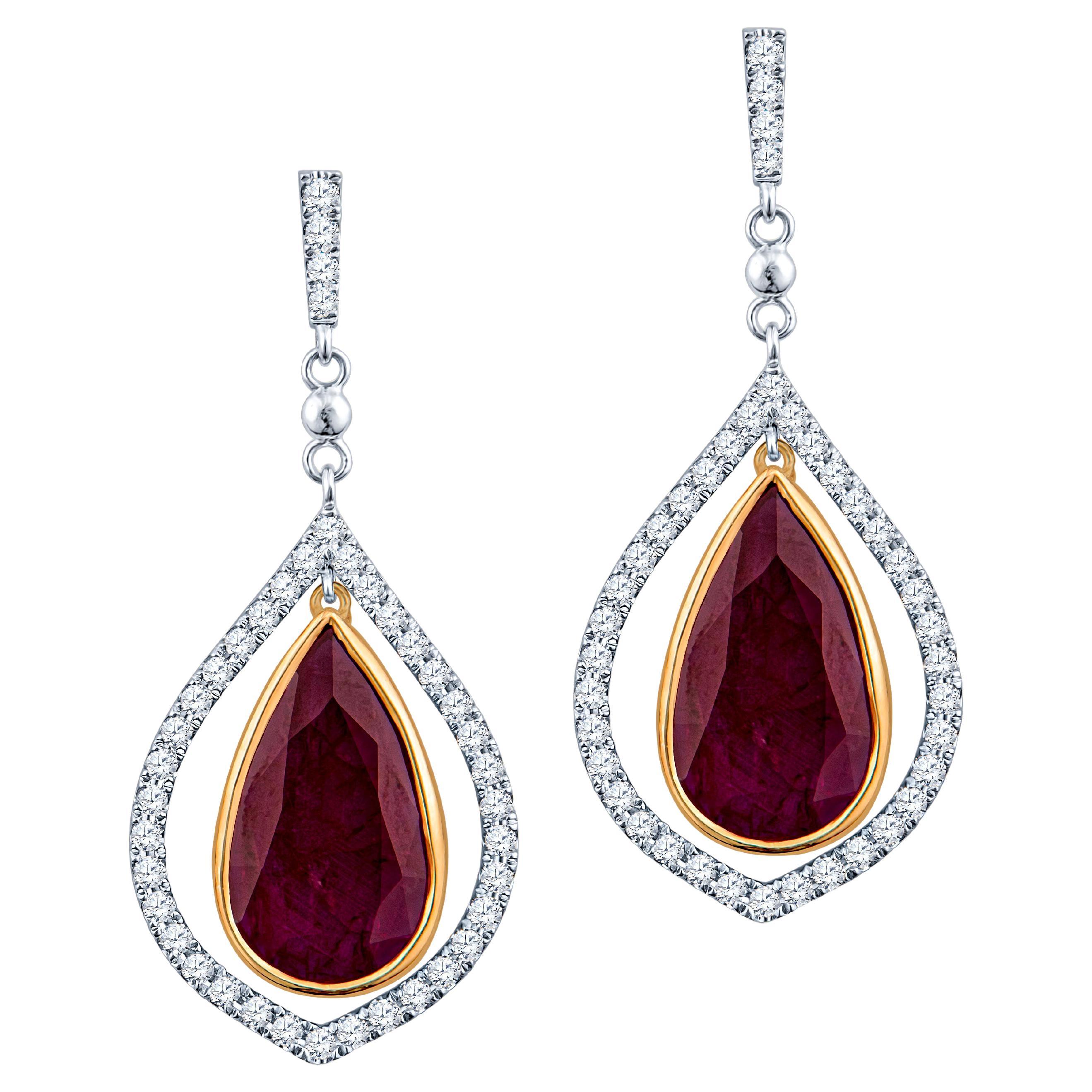 Rubini naturali a forma di pera da 7,75 carati con diamanti da 0,80 carati, oro rosa e bianco 14K in vendita
