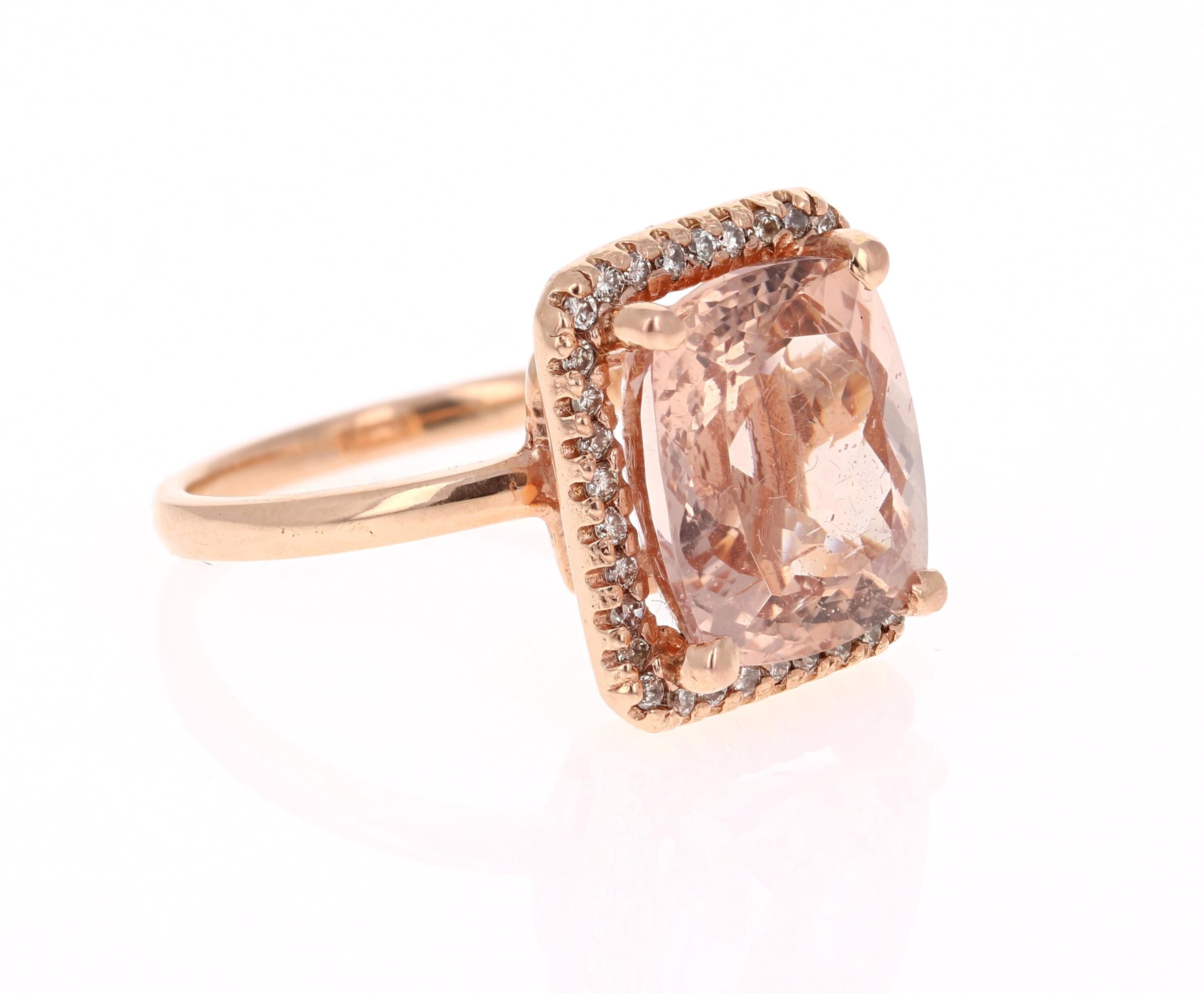 Simply a Stunner!

This Morganite ring has a 7.42 Carat Emerald/Cushion Cut Morganite and is surrounded by 35 Round Cut Diamonds that weigh 0.34 Carats. The clarity and color of the diamonds are VS-I. The total carat weight of the ring is 7.76