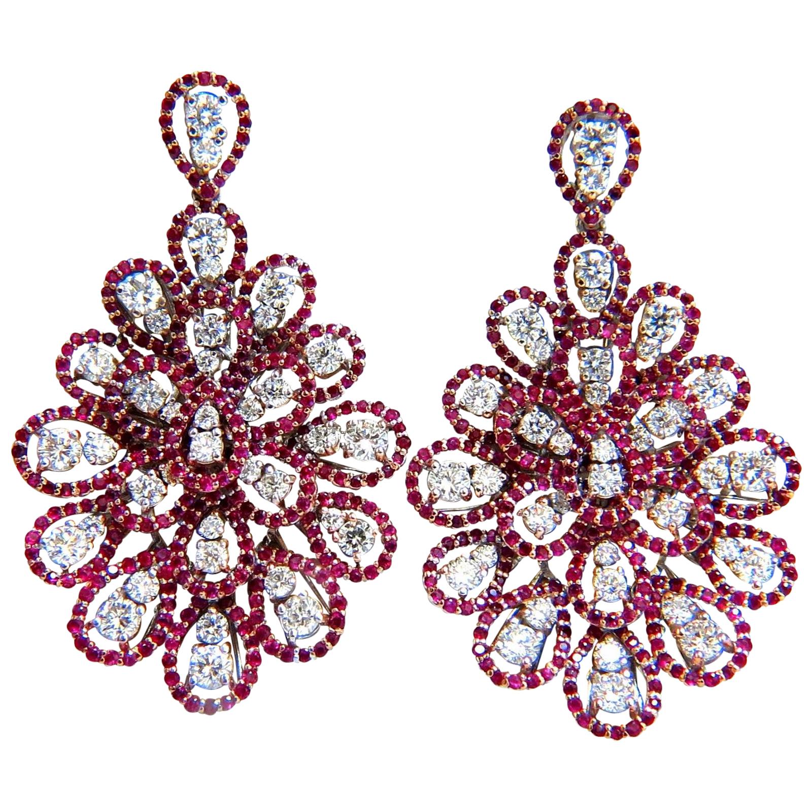 Pendants d'oreilles chandelier en or 14 carats avec grappe de diamants et rubis naturel de 7,76 carats