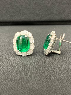 7.77 Carat Cushion Cut Emerald and Diamond Halo Earring in 18K White Gold