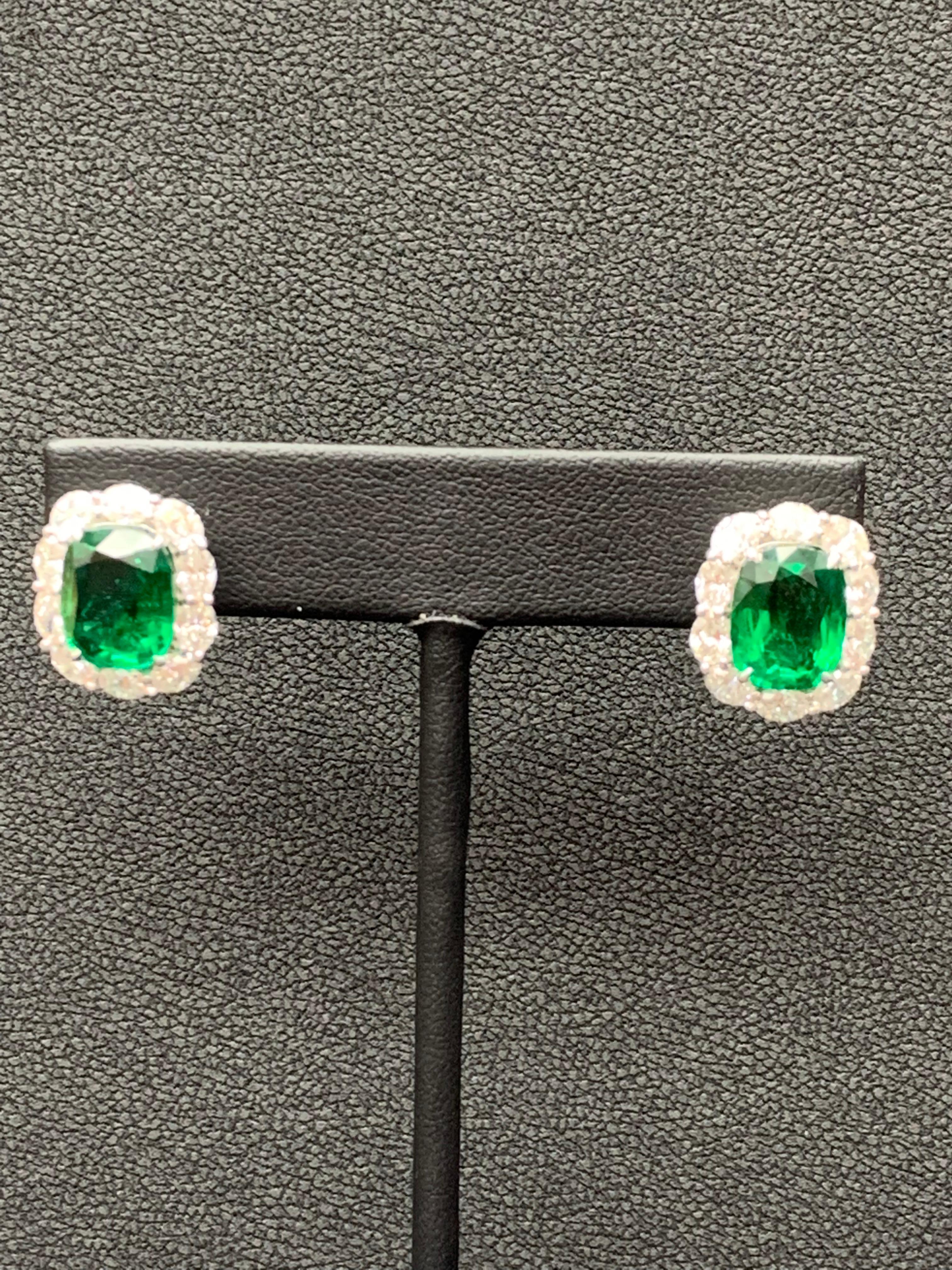 Modern 7.77 Carat Cushion Cut Emerald and Diamond Halo Earring in 18K White Gold For Sale
