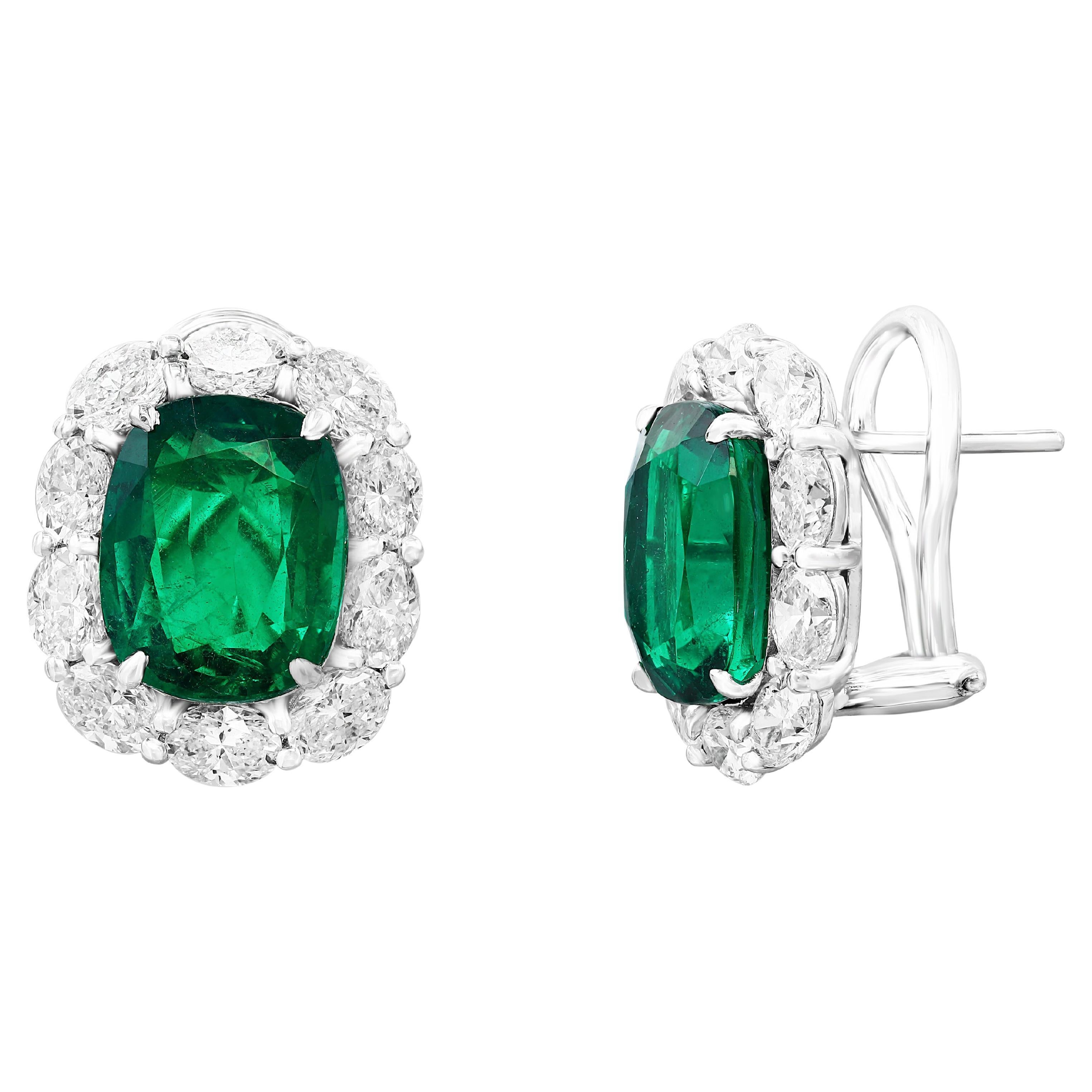 7.77 Carat Cushion Cut Emerald and Diamond Halo Earring in 18K White Gold For Sale