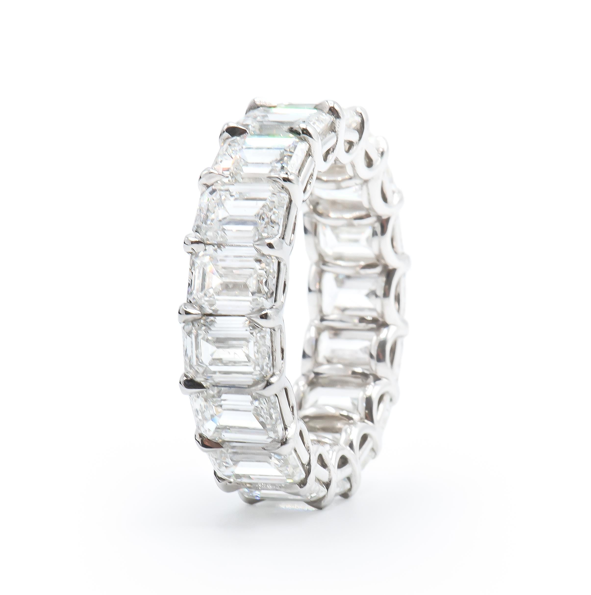 19 Elongated and perfectly matched Emerald Cut Diamond make up this Eternity Band.
7.77 Carats.
G-H, VS Quality.
Set in Platinum. Size 6.