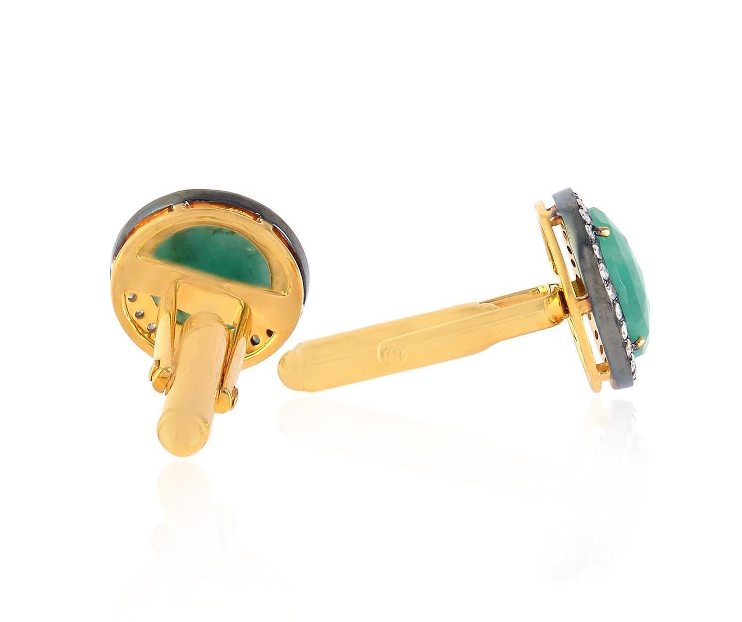 Cast from 14-karat gold and sterling silver, these cuff links are hand set with 7.77 carats emerald and .72 carats of pave diamonds in blackened finish.

FOLLOW  MEGHNA JEWELS storefront to view the latest collection & exclusive pieces.  Meghna